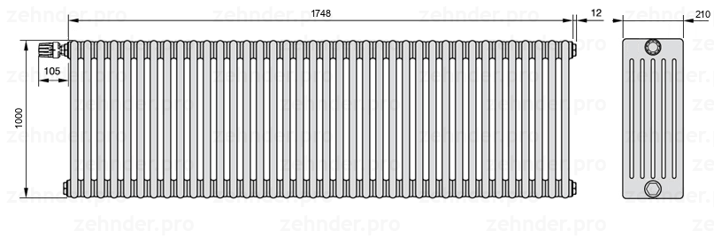 Схема (чертеж) Радиатор Zehnder Charleston 6100/38 №V012 Белый глянцевый RAL 9016
